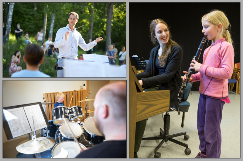 Kollasj med bilder som viser musikkundervisning.